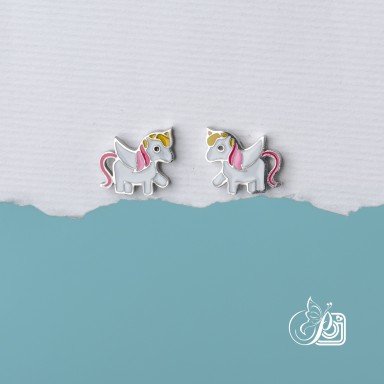 Orecchini a lobo con unicorno rosa in acciaio inox smaltato