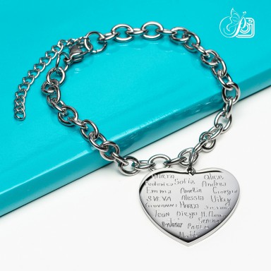 Bracciale cuore con firme autografe in acciaio inox