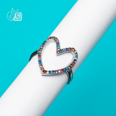 Anello regolabile cuore con zirconi colorati in acciaio inox