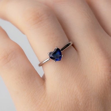 Adjustable heart ring in 925 silver rhodium plated blue stone