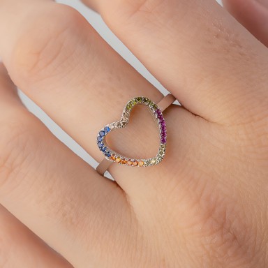 Adjustable heart ring in 925 silver rhodium plated with rainbow zircons