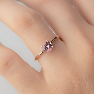 Adjustable heart ring in 925 silver rose gold plated pink stone