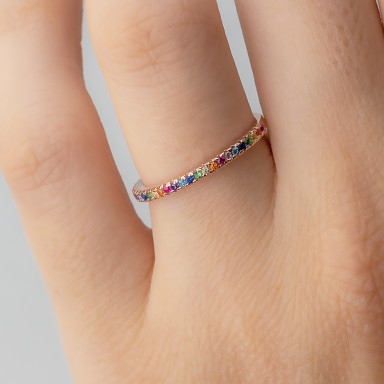 925 pink gold-plated silver ring with rainbow zircons