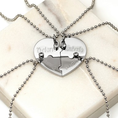 4 Collane Puzzle cuore amiche famiglia acciaio inox