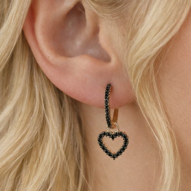 Orecchino singolo cuore bucato in argento 925 rodiato con zirconi